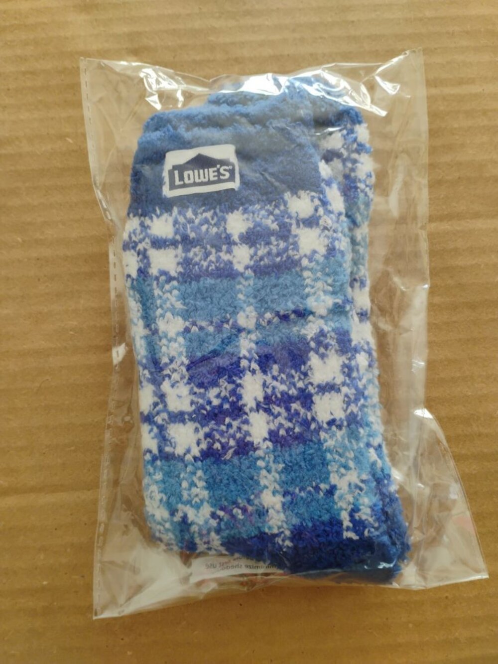 NEW Lowes blue white plaid adult unisex fuzzy crew socks limited edition 1 pair